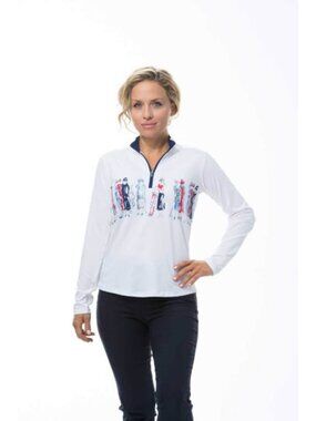 SanSoleil SolCool UPF 50 Long Sleeve 1/4 Shirt L Women Golfers Print White Blue